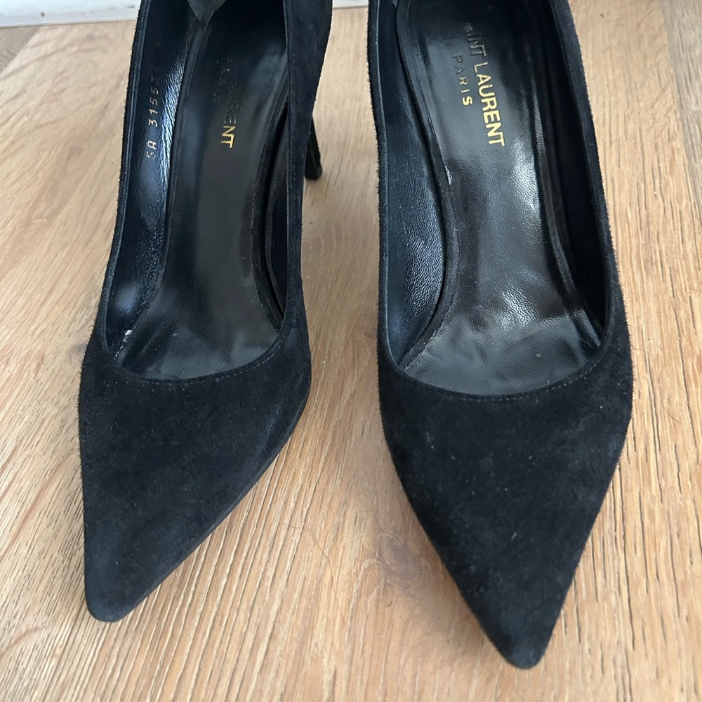 Saint Laurent black suede pointed toe heels 3 1/4 inch heels.